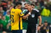 Referee Slavko Vincic of Slovenia speaks to Ecuador's Piero Hincapie (3) before sending him from the field during the World Cup round of 32 soccer match between Mexico and Ecuador in Mexico City, Tuesday, June 30, 2026. (AP Photo/Natacha Pisarenko)