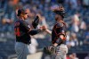 Detroit Tigers pitcher Keider Montero, left, celebrates with catcher Jake Rogers after a baseball game against the New York Yankees Wednesday, July 1, 2026, in New York. (AP Photo/Frank Franklin II)