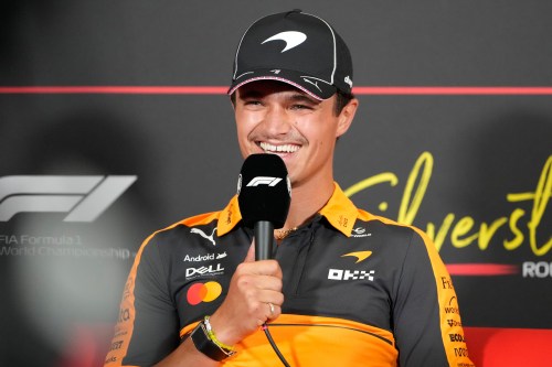 McLaren driver Lando Norris of Britain attends a news conference ahead of the British F1 Grand Prix, in Silverstone, England, Thursday, July 2, 2026. (AP Photo/Darko Bandic)