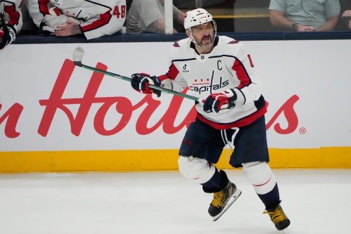 FILE - Washington Capitals left wing Alex Ovechkin (8) skates in the third period of an NHL hockey game against the Columbus Blue Jackets on April 14, 2026, in Columbus, Ohio. (AP Photo/Sue Ogrocki, File)