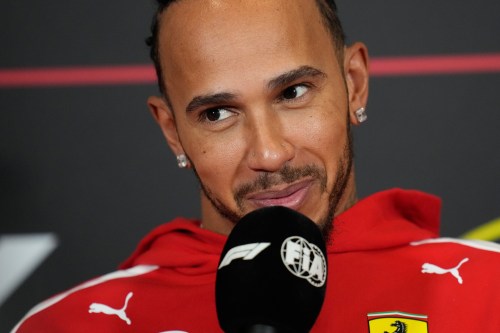 Ferrari driver Lewis Hamilton of Britain attends a news conference ahead of the British F1 Grand Prix, in Silverstone, England, Thursday, July 2, 2026. (AP Photo/Darko Bandic)