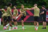 Canada's Niko Sigur, center, works out during a training session during the FIFA World Cup soccer tournament, Monday, June 15, 2026 in Vancouver, British Columbia. (AP Photo/Abbie Parr)