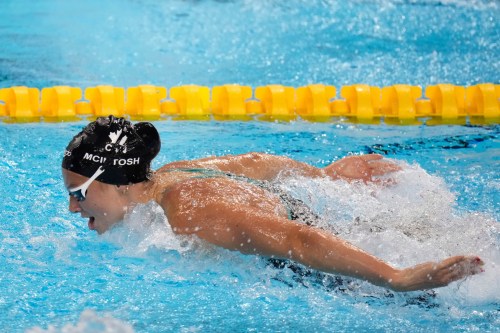 Summer McIntosh of Canada competes in the women's 200-meter butterfly semifinals at the World Aquatics Championships in Singapore, Wednesday, July 30, 2025. (AP Photo/Lee Jin-man)
