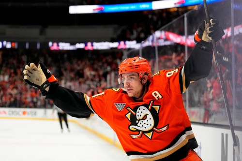 FILE - Anaheim Ducks center Leo Carlsson celebrates his empty net goal during the third period of Game 6 in the first round of the NHL hockey Stanley Cup playoffs series against the Edmonton Oilers, April 30, 2026, in Anaheim, Calif. (AP Photo/Mark J. Terrill, File)