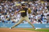 San Diego Padres starting pitcher Randy Vásquez delivers during the first inning of a baseball game against the Los Angeles Dodgers in Los Angeles, Thursday, July 2, 2026. (AP Photo/Kyusung Gong)