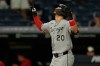 Chicago White Sox's Miguel Vargas gestures towards the dugout as he runs to home plate with a home run in the fifth inning of a baseball game against the Cleveland Guardians in Cleveland, Friday, July 3, 2026. (AP Photo/Sue Ogrocki)