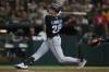 Miami Marlins' Kyle Stowers hits a two-run home run during the eighth inning of a baseball game against the Athletics Friday, July 3, 2026, in West Sacramento, Calif. (AP Photo/Scott Marshall)