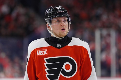 Philadelphia Flyers' Emil Andrae in action during an NHL hockey game against the Montreal Canadiens, Tuesday, April 14, 2026, in Philadelphia. (AP Photo/Derik Hamilton)