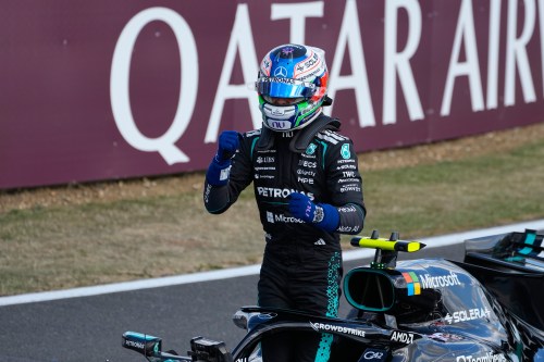 Mercedes driver Andrea Kimi Antonelli of Italy celebrates after clocked the fastest time during the qualifying session ahead of the British F1 Grand Prix, in Silverstone, England, Saturday, July 4, 2026. (AP Photo/Darko Bandic)