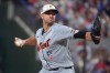 Detroit Tigers starting pitcher Jack Flaherty throws during the first inning of a baseball game against the Texas Rangers, Saturday, July 4, 2026, in Arlington, Texas. (AP Photo/LM Otero)