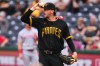 Pittsburgh Pirates pitcher Paul Skenes collects himself on the mound during the second inning of a baseball game against the Cincinnati Reds in Pittsburgh, Friday, June 26, 2026. (AP Photo/Gene J. Puskar)