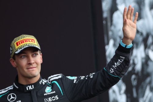 Second placed Mercedes driver George Russell of Britain waves to the fans after the British F1 Grand Prix, in Silverstone, England, Sunday, July 5, 2026. (AP Photo/Darko Bandic)