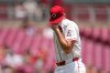 Cincinnati Reds pitcher Nick Lodolo wipes his face as he walks from the mound in the third inning of a baseball game against the Baltimore Orioles in Cincinnati, Sunday, July 5, 2026. (AP Photo/Carolyn Kaster)