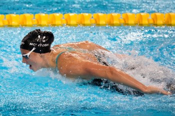 Summer McIntosh of Canada competes in the women's 200-metre butterfly final at the World Aquatics Championships in Singapore, Thursday, July 31, 2025. (AP Photo/Lee Jin-man)