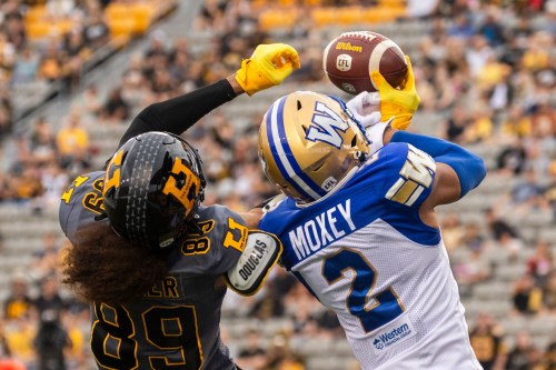 Hamilton Tiger-Cats' Kenny Lawler (89) makes a reception for a touchdown, with pressure from Winnipeg Blue Bombers' Jonathan Moxey (2), during first half CFL football action in Hamilton on Sunday, July 5, 2026. THE CANADIAN PRESS/Nick Iwanyshyn