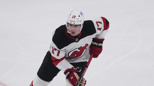 New Jersey Devils defenseman Simon Nemec (17) during a hockey game, Tuesday, April 14, 2026, in Boston. (AP Photo/Charles Krupa)