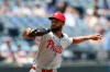 Philadelphia Phillies pitcher Cristopher Sánchez delivers to a Kansas City Royals batter during the first inning of a baseball game in Kansas City, Mo., Monday, July 6, 2026. (AP Photo/Colin E. Braley)