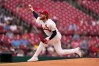 St. Louis Cardinals starting pitcher Dustin May throws during the first inning of a baseball game against the Milwaukee Brewers Monday, July 6, 2026, in St. Louis. (AP Photo/Jeff Roberson)