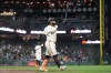 San Francisco Giants' Heliot Ramos gestures after hitting a two-run home run during the eighth inning of a baseball game against the Toronto Blue Jays Monday, July 6, 2026, in San Francisco. (AP Photo/Jeff Chiu)