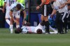 Belgium's Amadou Onana (24) lies on the field after an injury during the World Cup round of 16 soccer match between the United States and Belgium in Seattle, Monday, July 6, 2026. (AP Photo/Maddy Grassy)