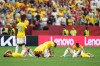 Colombian players lie dejected after losing penalty shootout during the World Cup round of 16 soccer match between Switzerland and Colombia in Vancouver, British Columbia, Tuesday, July 7, 2026. (AP Photo/Abbie Parr)