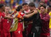 Switzerland goalkeeper Gregor Kobel (1) celebrates with his teammates after defeating Colombia 4-3 on penalties during a World Cup Round of 16 soccer match, in Vancouver, on Tuesday, July 7, 2026. THE CANADIAN PRESS/Darryl Dyck