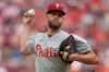 Philadelphia Phillies pitcher Zack Wheeler throws during the first inning of a baseball game against the Cincinnati Reds in Cincinnati, Tuesday, July 7, 2026. (AP Photo/Carolyn Kaster)