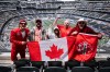 Matty Alex, second from the left, is shown along with four other Canadian fans at LA Stadium, in Los Angeles on Sunday, June 28, 2026. Alex is flying to Houston for Canada's match in round 16 of the World Cup.THE CANADIAN PRESS/Handout - Matty Alex (Mandatory Credit)