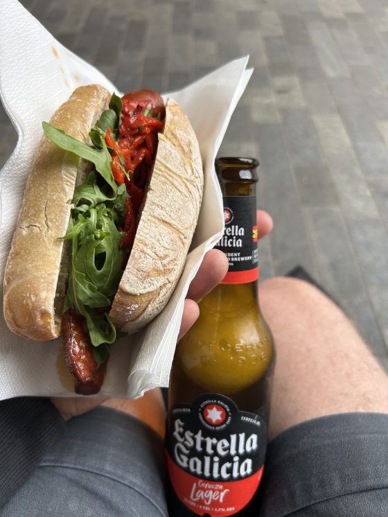 After 25,000 steps I earned this Brindiza chorizo roll with arugula and roasted red pepper, washed down with a Spanish brew. (Ben Sigurdson / Free Press)