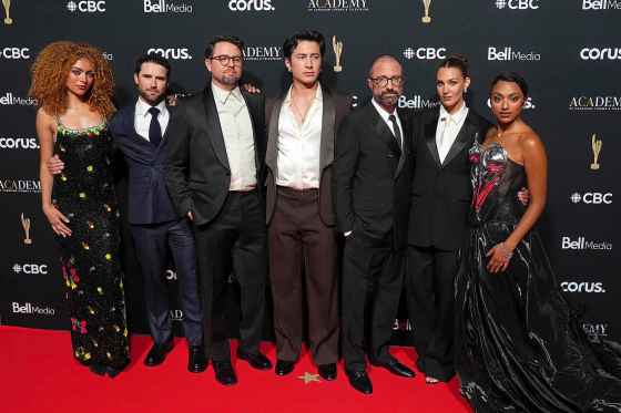 Cast and crew of Heated Rivalry pose on the red carpet at The Canadian Screen Awards in Toronto in May. (Chris Young / The Canadian Press files)