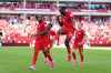 Canada's Cyle Larin (9) celebrates after scoring his sides first goal of the game with Promise David (24) in the second half of the World Cup Group B soccer match between Canada and Bosnia, Friday, June 12, 2026, in Toronto. ( (AP Photo/Sam Balkansky)