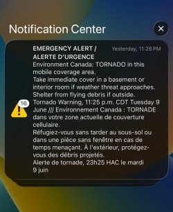 A screenshot from an iPhone shows it received 16 emergency alerts during yesterday's severe weather.