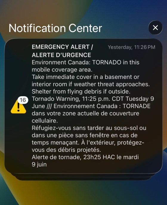 A screenshot from an iPhone shows it received 16 emergency alerts during Tueday's severe weather.
