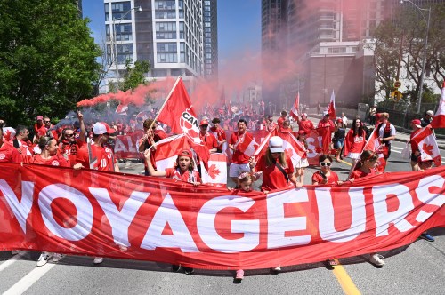 Canada's Voyageurs parade toward Toronto Stadium ahead of Canada's World Cup match against Bosnia and Herzegovina in Toronto, on Friday, June 12, 2026. THE CANADIAN PRESS/Jon Blacker