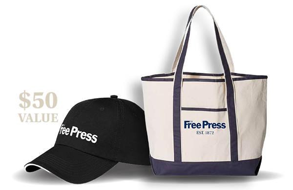 Free Press branded hat and tote