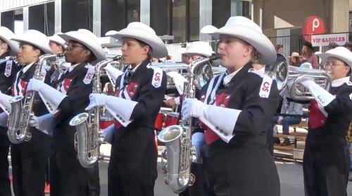 The Calgary Stampede Showband plays during the Calgary Stampede parade, in Calgary, on Friday, July 3, 2026. THE CANADIAN PRESS/Dayne Patterson