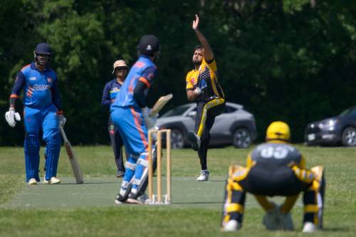 Ron Schmitz Photo Canadian national player and captain of Cosmos Elite team Jatinder Matharu bowls the ball against the Winnipeg Blues.