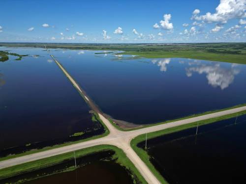 25062026 Flood waters from the swollen Assiniboine River cover farmland and submerge portions of a grid road bisecting Highway 250 north of Alexander on Thursday. (Tim Smith/The Brandon Sun)default