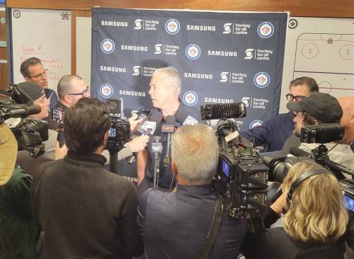 CASSIDY DANKOCHIK / THE CARILLON
                                Winnipeg Jets general manager Kevin Cheveldayoff took questions Friday at the Hockey For All Centre during Jets development camp.