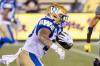 Winnipeg Blue Bombers&rsquo; Brady Oliveira (20) runs the ball during second half CFL football action against the Hamilton Tiger-Cats, in Hamilton on Sunday, July 5, 2026. (Nick Iwanyshyn / The Canadian Press)