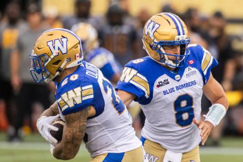 Nick Iwanyshyn / The Canadian Press
                                Winnipeg Blue Bombers quarterback Zach Collaros (right) is on the injury report with a neck issue and is listed as questionable for Friday&rsquo;s date with the visiting Toronto Argonauts.