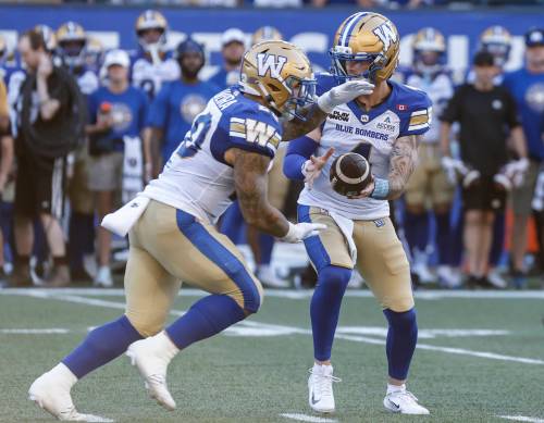 John Woods / The Canadian Press
                                Winnipeg Blue Bombers quarterback Dru Brown (right) hands off to running back Brady Oliveira during the first half of the Bombers 30-21 win over the Toronto Argonauts in Winnipeg on Friday.