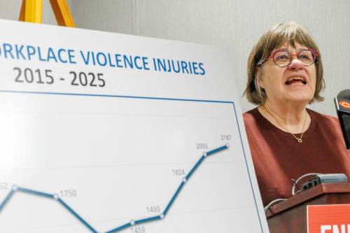 MIKE DEAL / FREE PRESS
                                Karen Naylor, and instructor in the University of Manitoba&rsquo;s Labour Studies Program, speaks about Manitoba&rsquo;s workplace violence epidemic during a press conference Monday morning at Union Centre.