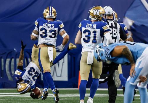 John Woods / THE CANADIAN PRESS
                                Winnipeg Blue Bombers returner Trey Vaval (23) celebrates his 129-yard missed field goal return for a touchdown Friday night at Princess Auto Stadium.