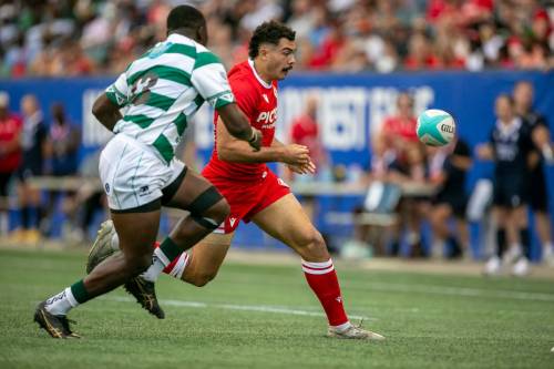 BROOK JONES/FREE PRESS
Team Canada player Noah Flesch (No. 11) runs towards the ball while Team Zimbabwe Brandon Mudzekenyedzi (No. 13) covers him during first half action at Princess Auto Stadium on Saturday.