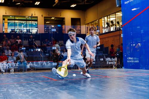 SQUASH CANADA PHOTO
                                Winnipegger Ivo Thiessen (right) plays against Akifumi Murakami during the Canadian Junior Championships back in the spring. With squash to debut at the 2028 Los Angeles Games, Thiessen has his sights set on a 2032 Olympic push.