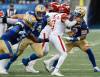 John Woods / THE CANADIAN PRESS
                                Winnipeg Blue Bombers&rsquo; Willie Jefferson (far left) sacks Calgary Stampeders quarterback Vernon Adams Jr. last week with the help of teammates Jake Ceresna (left) and Michael Fletcher (right). The B.C Lions have allowed 18 sacks so far this season, while Winnipeg leads in sacks with 15.