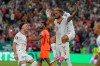 Morocco's Issa Diop is congratulated by teammates Soufiane Rahimi (9) and Chemsdine Talbi, left, after he scored his team's first goal during the World Cup round of 32 soccer match between the Netherlands and Morocco in Guadalupe, near Monterrey, Mexico, Monday, June 29, 2026. (AP Photo/Ricardo Mazalan)