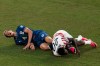 United States' Folarin Balogun (20) and Bosnia's Tarik Muharemovic (4) react after Balogun fouled Muharemovic during the World Cup round of 32 soccer match between the United States and Bosnia in Santa Clara, Calif., near San Francisco, Wednesday, July 1, 2026. Balogun received a red card on the play. (Stephen Lam/San Francisco Chronicle via AP)