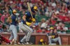 Milwaukee Brewers' David Hamilton follows through on a two-run double during the seventh inning of a baseball game against the St. Louis Cardinals Monday, July 6, 2026, in St. Louis. (AP Photo/Jeff Roberson)